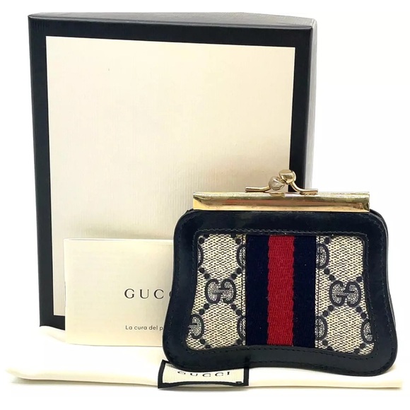 Gucci Handbags - Auth Gucci GG Canvas Navy Blue Sherry Line Coin Case /Wallet W/Box